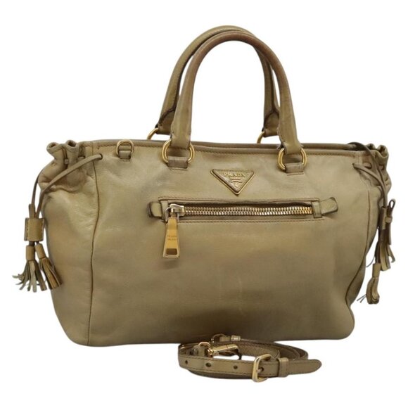 PRADA Hand Bag Leather 2way Beige Gold Auth 115134 - Picture 1 of 16